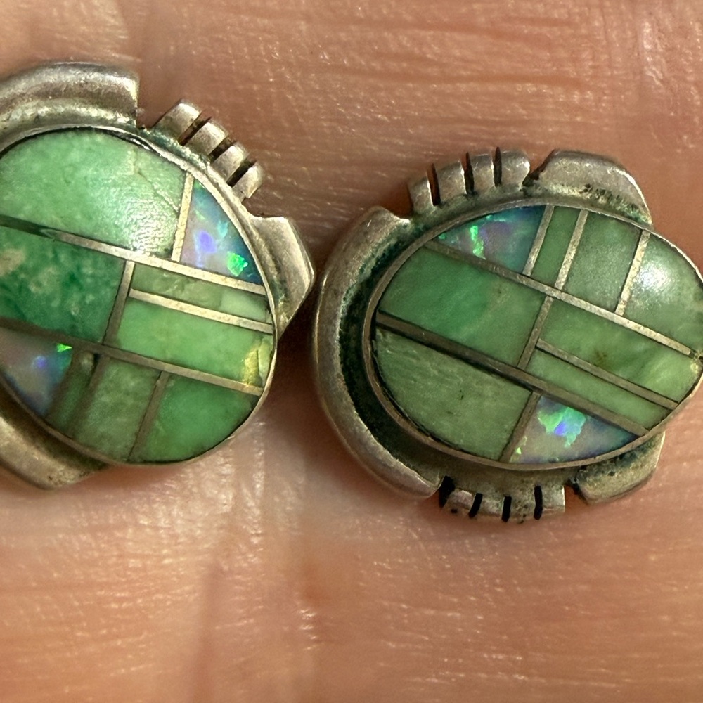 Green emerald and genuine opal Sterling  Silver Inlay vintage Earrings